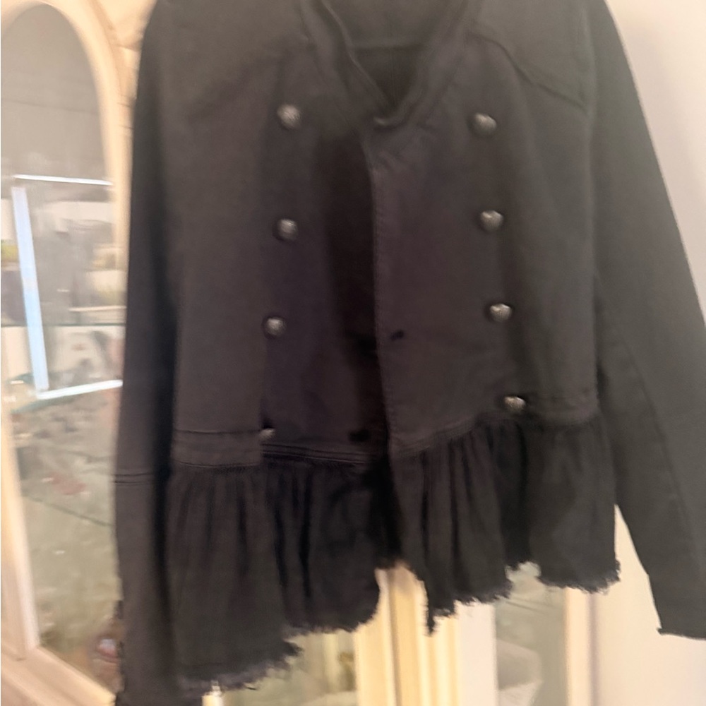 Free People ruffled peplum denim jacket size Large medium black - Picture 3 of 12